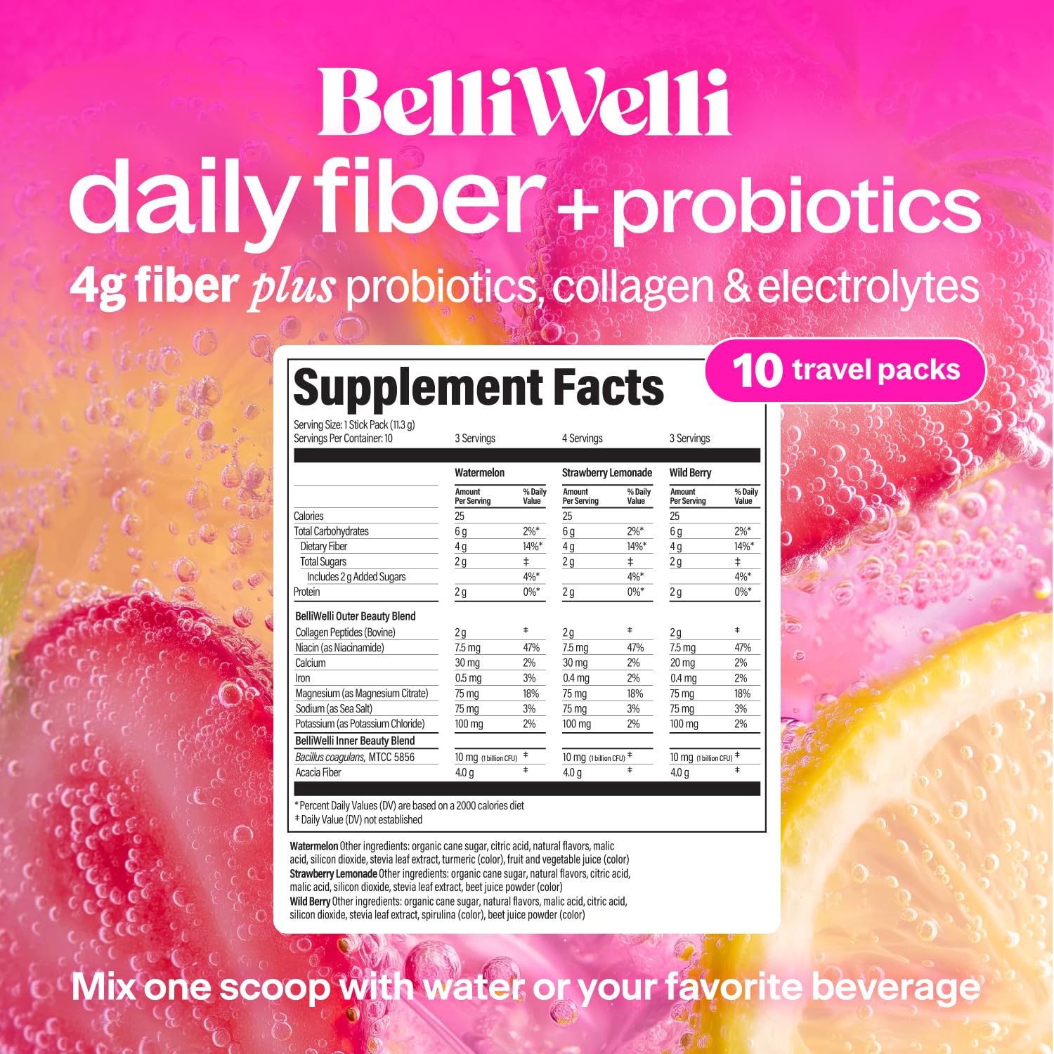 Belli Welli Daily Fiber Supplement Packets with Collagen, Probiotics & Electrolytes | Single Serve Packets for Gut Health - Maple Wellness Supplements