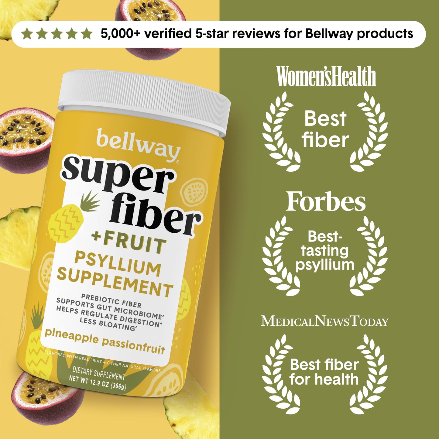 Bellway Super Fiber Powder + Fruit, Sugar Free Organic Psyllium Husk Powder Fiber Supplement for Regularity, Bloating Relief & Digestive Health, Plant-Based, - Maple Wellness Supplements