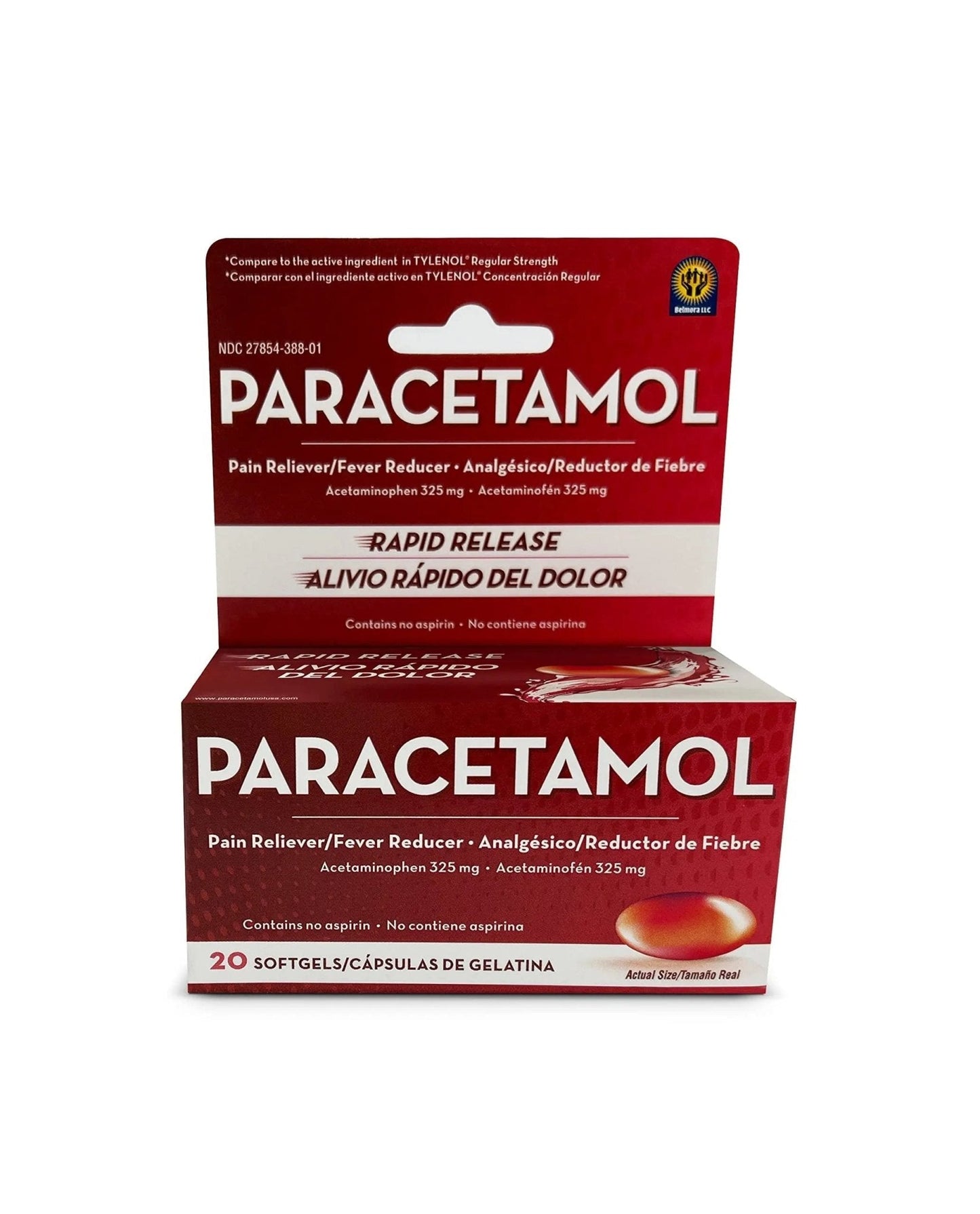 Belmora Paracetamol Acetaminophen 325mg 20 Softgels for Pain Relief, Liquid Filled Capsules for Rapid Release, Fever Reducer for Adults Extra Strength - Maple Wellness Supplements