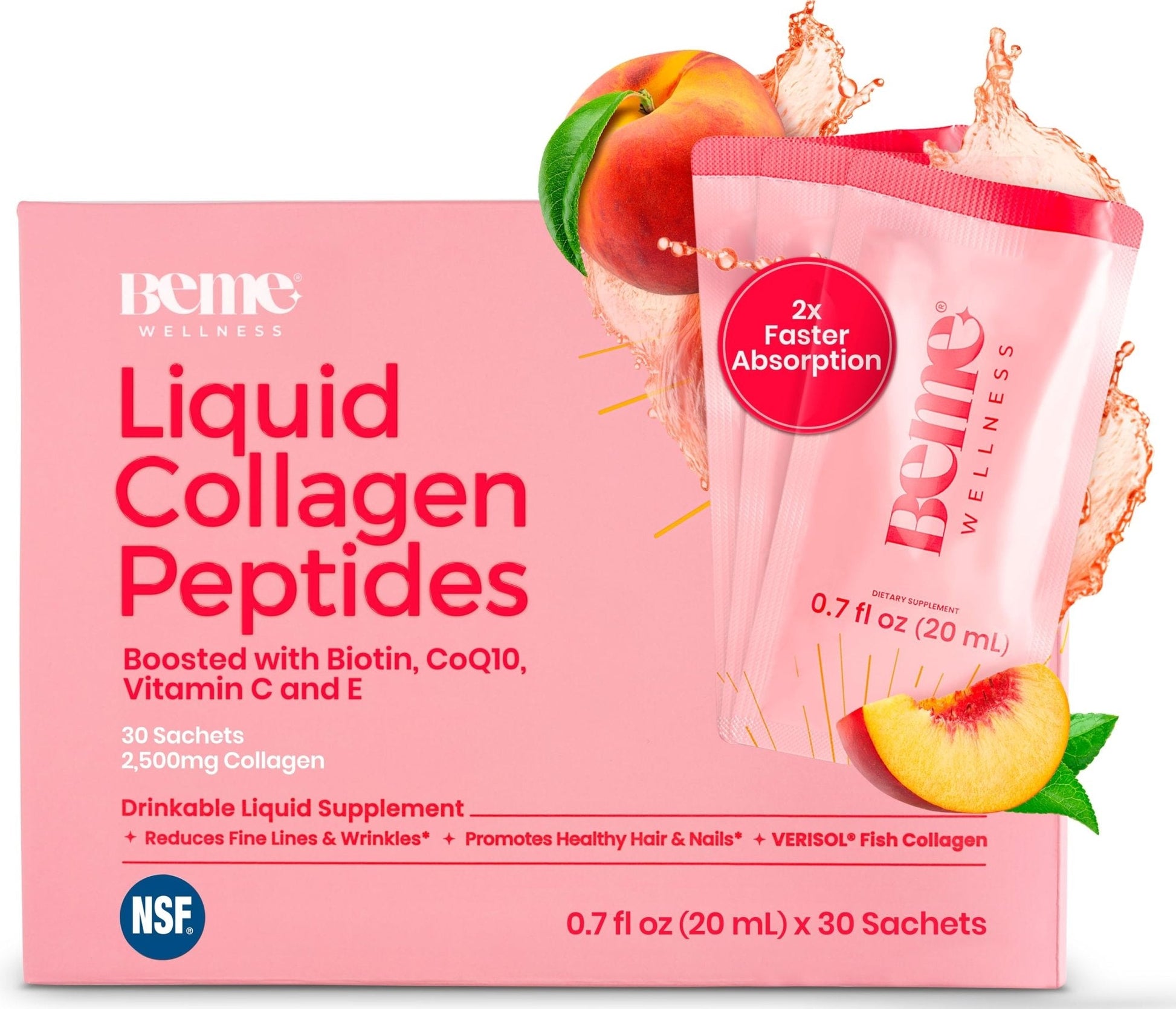 BeMe Liquid Collagen for Women - 2500mg Verisol Collagen Liquid with Biotin, CoQ10 & Vitamin C - Clinically Proven Collagen Peptides for Hair, Skin & Nails - 30 Peach Sachets - Maple Wellness Supplements