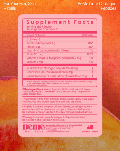 BeMe Liquid Collagen for Women - 2500mg Verisol Collagen Liquid with Biotin, CoQ10 & Vitamin C - Clinically Proven Collagen Peptides for Hair, Skin & Nails - 30 Peach Sachets - Maple Wellness Supplements