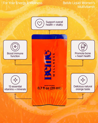 BeMe Liquid Multivitamins for Women - Advanced Liquid Delivery System with 13 Vitamins & Minerals - Tear & Go Sachets, Non-GMO, Orange Flavor (15 Sachets) - Maple Wellness Supplements