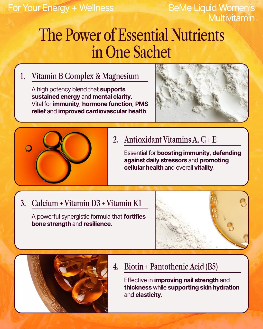 BeMe Liquid Multivitamins for Women - Advanced Liquid Delivery System with 13 Vitamins & Minerals - Tear & Go Sachets, Non-GMO, Orange Flavor (15 Sachets) - Maple Wellness Supplements