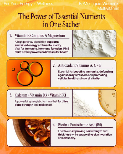 BeMe Liquid Multivitamins for Women - Advanced Liquid Delivery System with 13 Vitamins & Minerals - Tear & Go Sachets, Non-GMO, Orange Flavor (15 Sachets) - Maple Wellness Supplements
