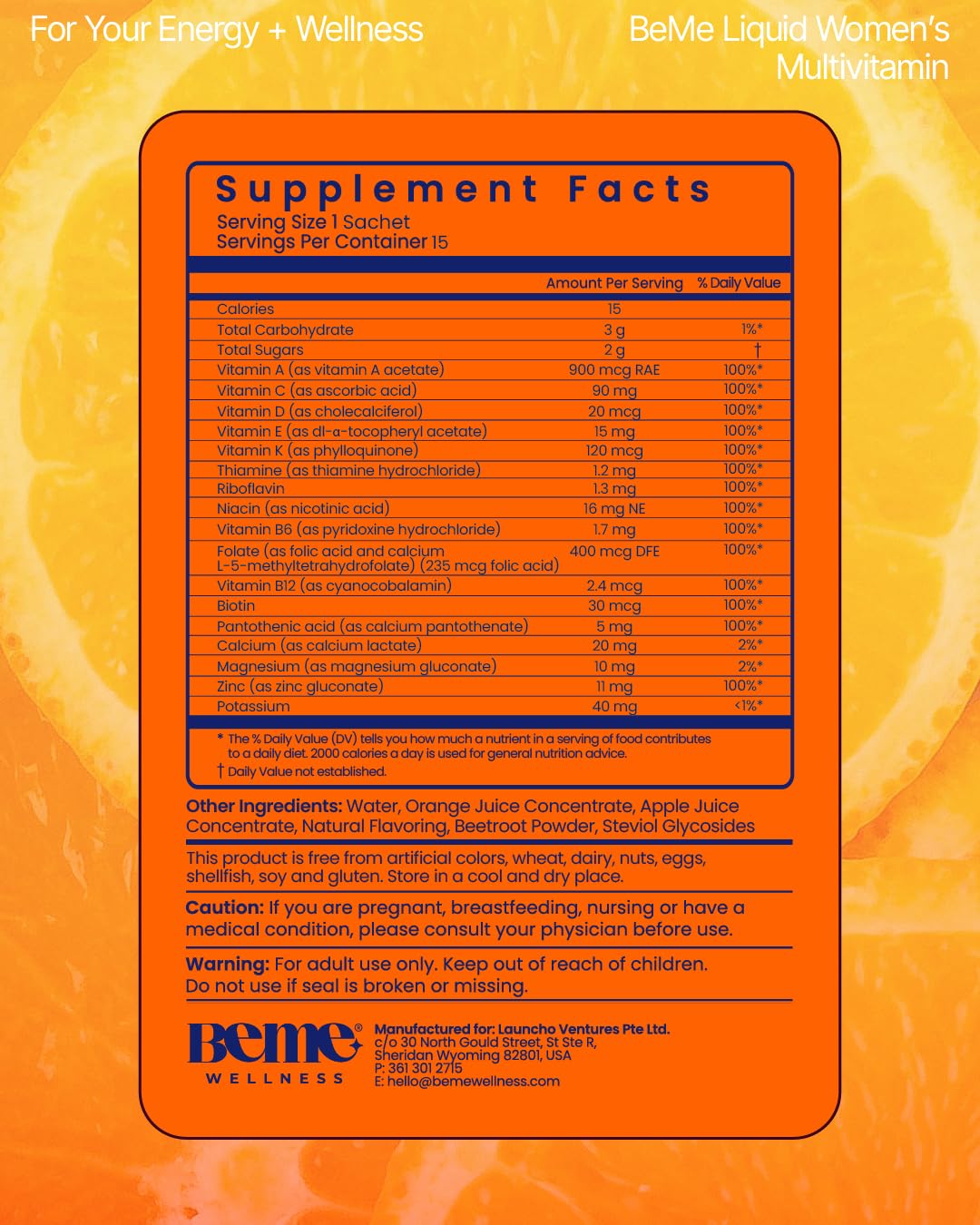 BeMe Liquid Multivitamins for Women - Advanced Liquid Delivery System with 13 Vitamins & Minerals - Tear & Go Sachets, Non-GMO, Orange Flavor (15 Sachets) - Maple Wellness Supplements