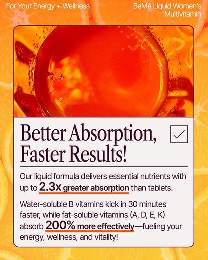 BeMe Liquid Multivitamins for Women - Advanced Liquid Delivery System with 13 Vitamins & Minerals - Tear & Go Sachets, Non-GMO, Orange Flavor (15 Sachets) - Maple Wellness Supplements