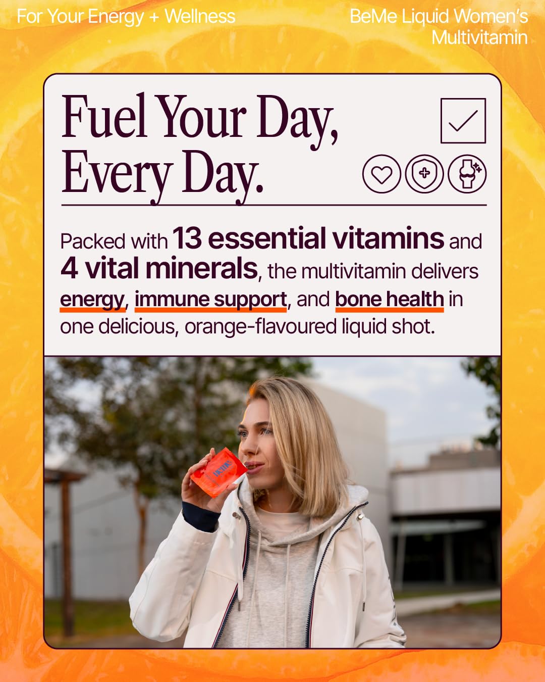 BeMe Liquid Multivitamins for Women - Advanced Liquid Delivery System with 13 Vitamins & Minerals - Tear & Go Sachets, Non-GMO, Orange Flavor (15 Sachets) - Maple Wellness Supplements