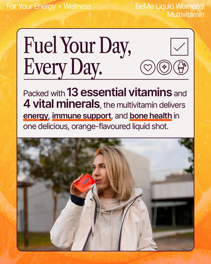 BeMe Liquid Multivitamins for Women - Advanced Liquid Delivery System with 13 Vitamins & Minerals - Tear & Go Sachets, Non-GMO, Orange Flavor (15 Sachets) - Maple Wellness Supplements