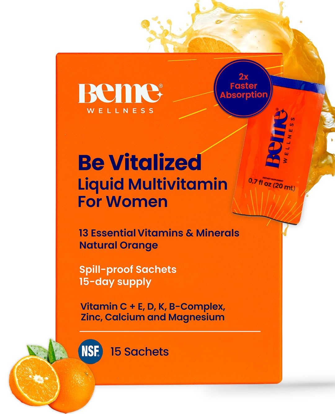 BeMe Liquid Multivitamins for Women - Advanced Liquid Delivery System with 13 Vitamins & Minerals - Tear & Go Sachets, Non-GMO, Orange Flavor (15 Sachets) - Maple Wellness Supplements
