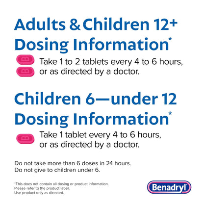 Benadryl Ultratabs Allergy Medicine, 25 mg Diphenhydramine HCl Antihistamine Tablets For Cold & Allergy Relief of Symptoms Like Sneezing, Runny Nose, Itchy Eyes & Throat, Hay Fever, 100 Count Tablets - Maple Wellness Supplements