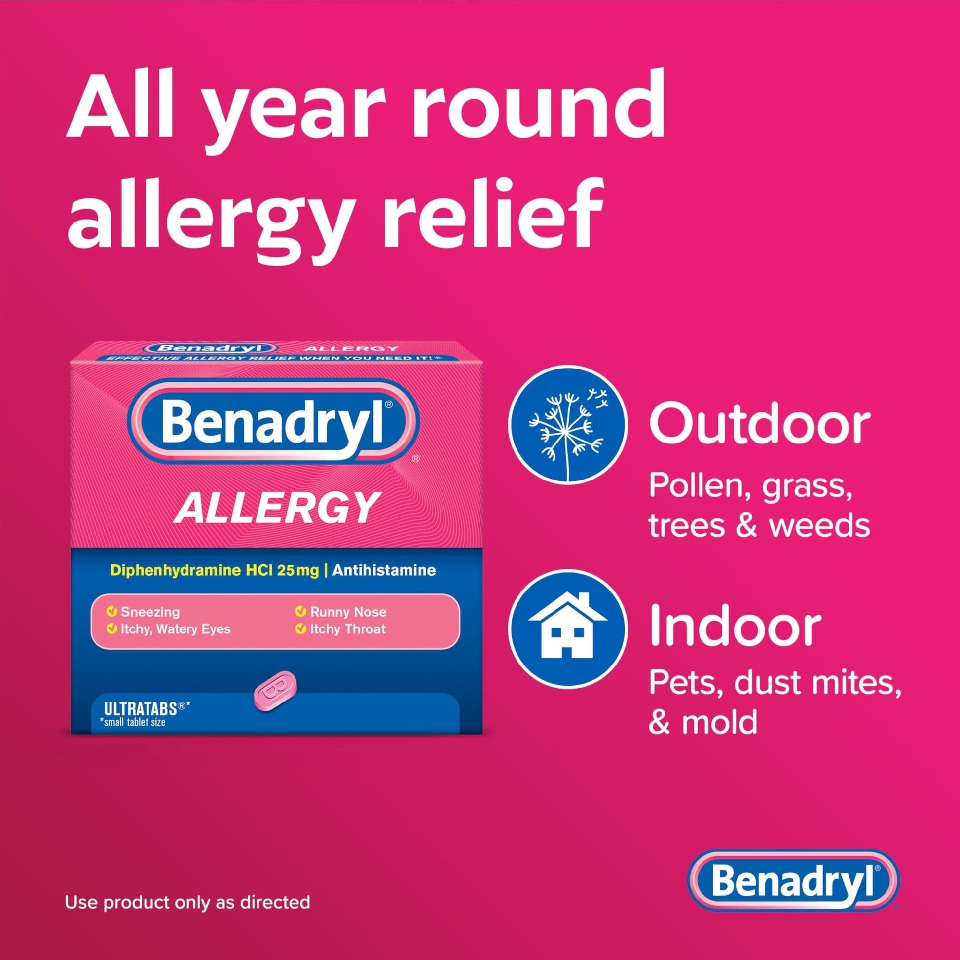 Benadryl Ultratabs Allergy Medicine, 25 mg Diphenhydramine HCl Antihistamine Tablets For Cold & Allergy Relief of Symptoms Like Sneezing, Runny Nose, Itchy Eyes & Throat, Hay Fever, 100 Count Tablets - Maple Wellness Supplements