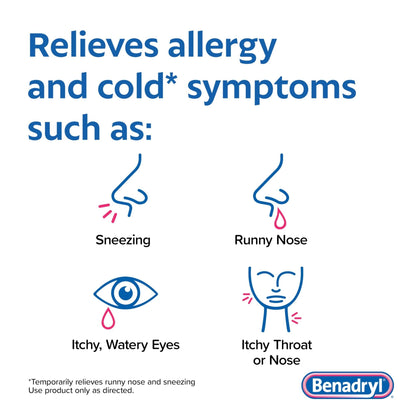 Benadryl Ultratabs Allergy Medicine, 25 mg Diphenhydramine HCl Antihistamine Tablets For Cold & Allergy Relief of Symptoms Like Sneezing, Runny Nose, Itchy Eyes & Throat, Hay Fever, 100 Count Tablets - Maple Wellness Supplements
