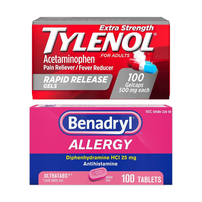 Benadryl Ultratabs Antihistamine Allergy Relief Tablets with 25 mg Diphenhydramine HCl, 100 ct and Tylenol Extra Strength Pain Reliever Rapid Release Gels with 500 mg Acetaminophen, 100 ct - Maple Wellness Supplements
