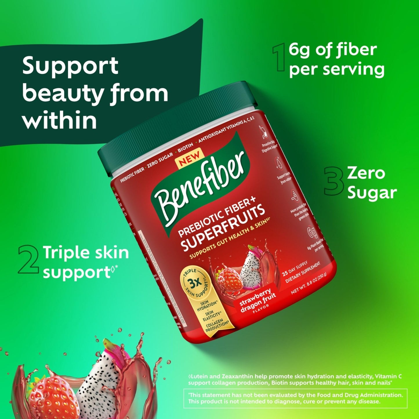 Benefiber Prebiotic GLP-1 Friendly Fiber + Superfruits Dietary Supplement, Strawberry Dragon Fruit Flavor, 8.8 oz (250g) - Maple Wellness Supplements