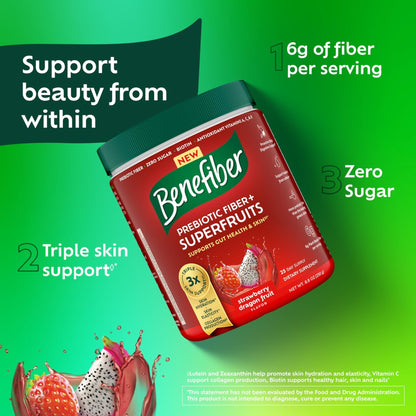 Benefiber Prebiotic GLP-1 Friendly Fiber + Superfruits Dietary Supplement, Strawberry Dragon Fruit Flavor, 8.8 oz (250g) - Maple Wellness Supplements