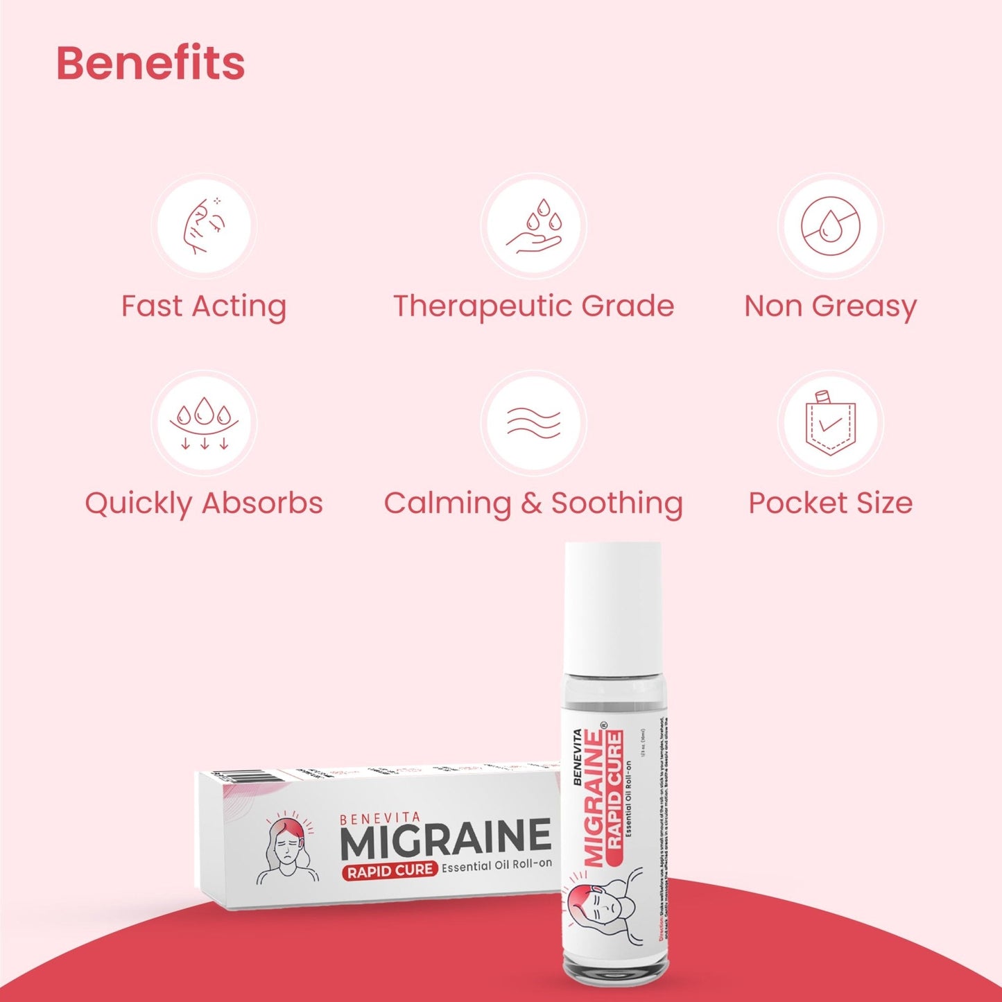 Benevita Migraine Relief Stick Roll-On – Organic, Natural, Cruelty-Free Headache Relief Roll-On – Peppermint, Spearmint, & Lavender Essential Oil Roller for Tension & Stress - Maple Wellness Supplements