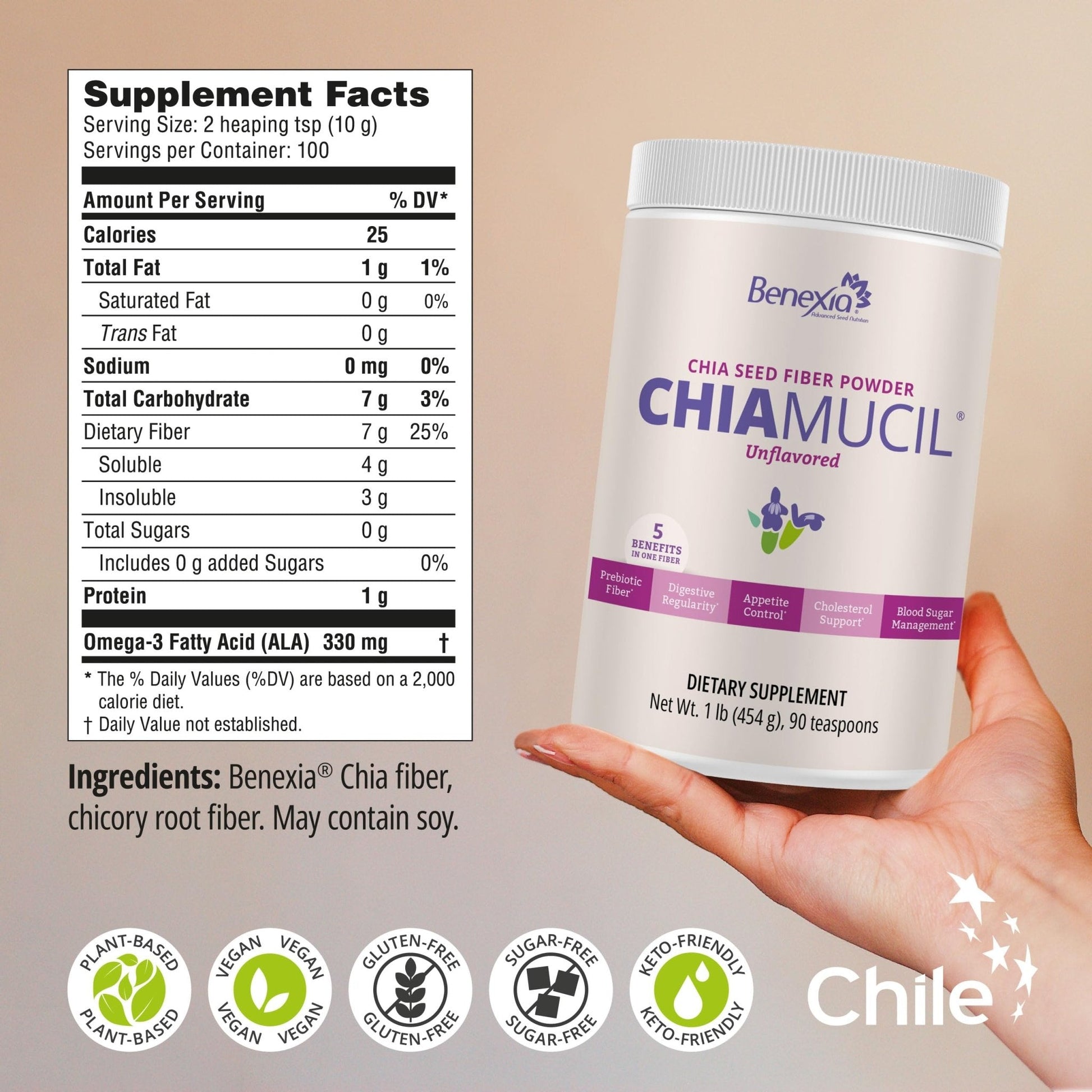 BENEXIA Chiamucil Prebiotic Chia Fiber Supplement Powder – for Appetite Control & Digestive Health – Chia Fiber & Chicory Root (Inulin) – Gluten & Sugar Free, Vegan - Maple Wellness Supplements
