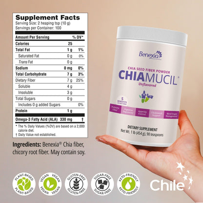 BENEXIA Chiamucil Prebiotic Chia Fiber Supplement Powder – for Appetite Control & Digestive Health – Chia Fiber & Chicory Root (Inulin) – Gluten & Sugar Free, Vegan - Maple Wellness Supplements
