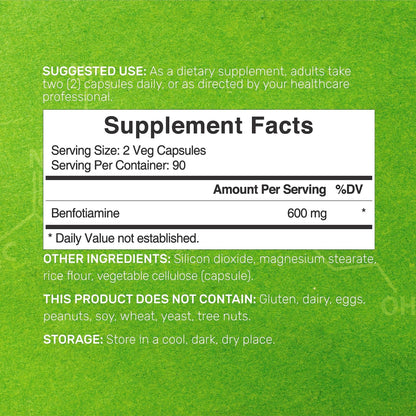 Benfotiamine 600mg Per Serving, 180 Veggie Capsules (300mg Per Cap) – Fat Soluble Vitamin B1 Thiamine Supplement - Maple Wellness Supplements