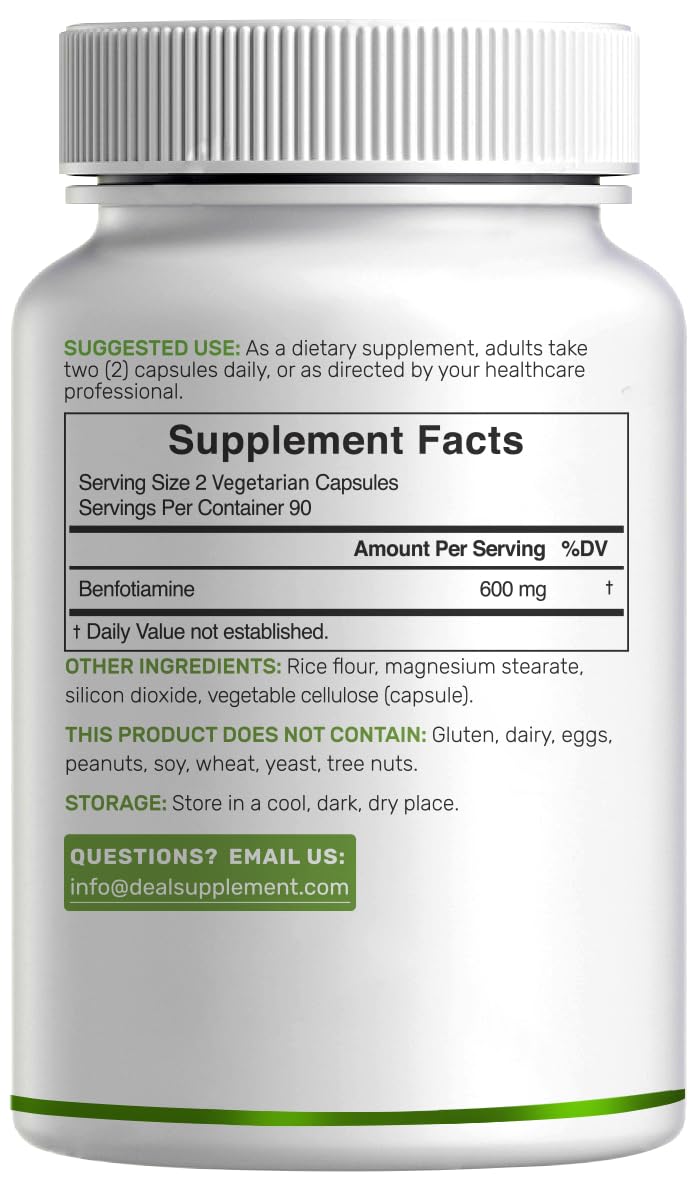 Benfotiamine 600mg Per Serving, 180 Veggie Capsules (300mg Per Cap) – Fat Soluble Vitamin B1 Thiamine Supplement - Maple Wellness Supplements