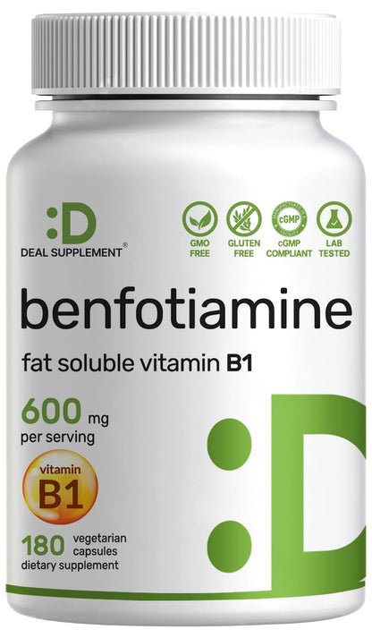 Benfotiamine 600mg Per Serving, 180 Veggie Capsules (300mg Per Cap) – Fat Soluble Vitamin B1 Thiamine Supplement - Maple Wellness Supplements