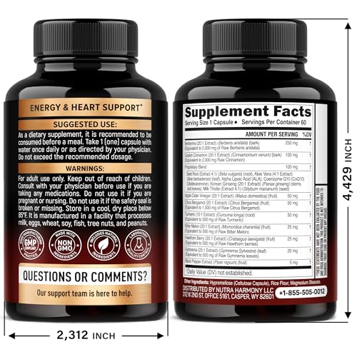 Berberine with Ceylon Cinnamon | Bitter Melon (Karela) | Apple Cider Vinegar | Hawthorn Berry | Citrus Bergamot | Turmeric - 15-in-1 Supplement for Heart Support - Maple Wellness Supplements