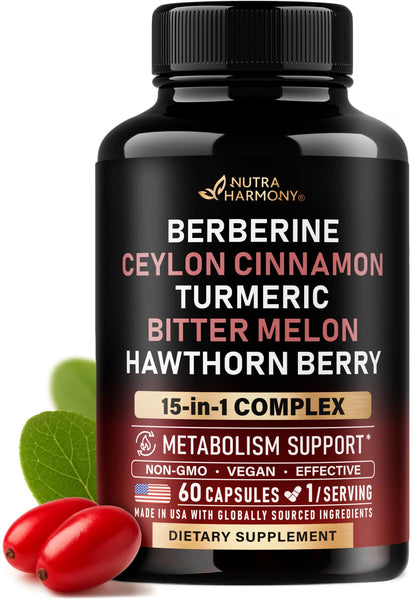 Berberine with Ceylon Cinnamon | Bitter Melon (Karela) | Apple Cider Vinegar | Hawthorn Berry | Citrus Bergamot | Turmeric - 15-in-1 Supplement for Heart Support - Maple Wellness Supplements