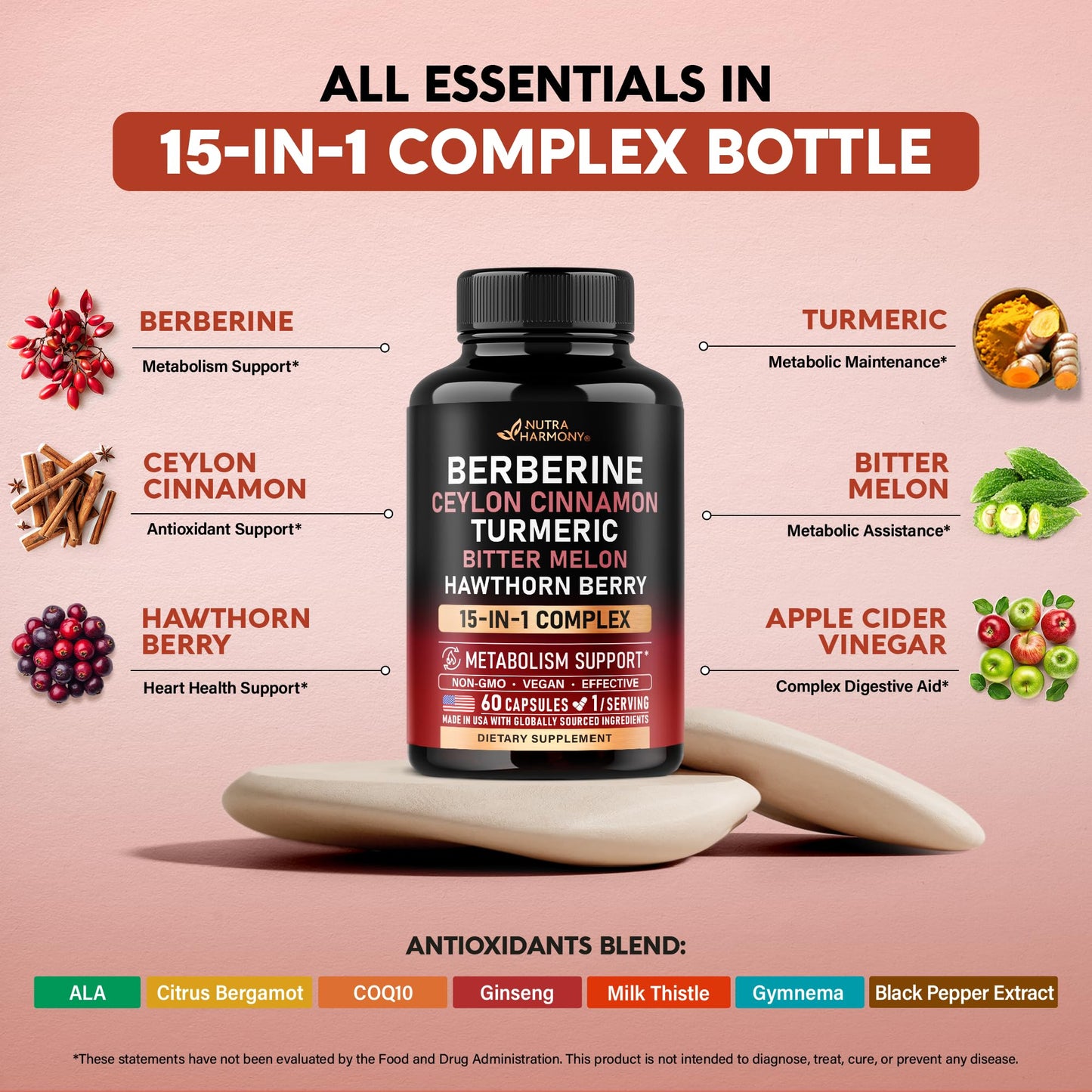 Berberine with Ceylon Cinnamon | Bitter Melon (Karela) | Apple Cider Vinegar | Hawthorn Berry | Citrus Bergamot | Turmeric - 15-in-1 Supplement for Heart Support - Maple Wellness Supplements