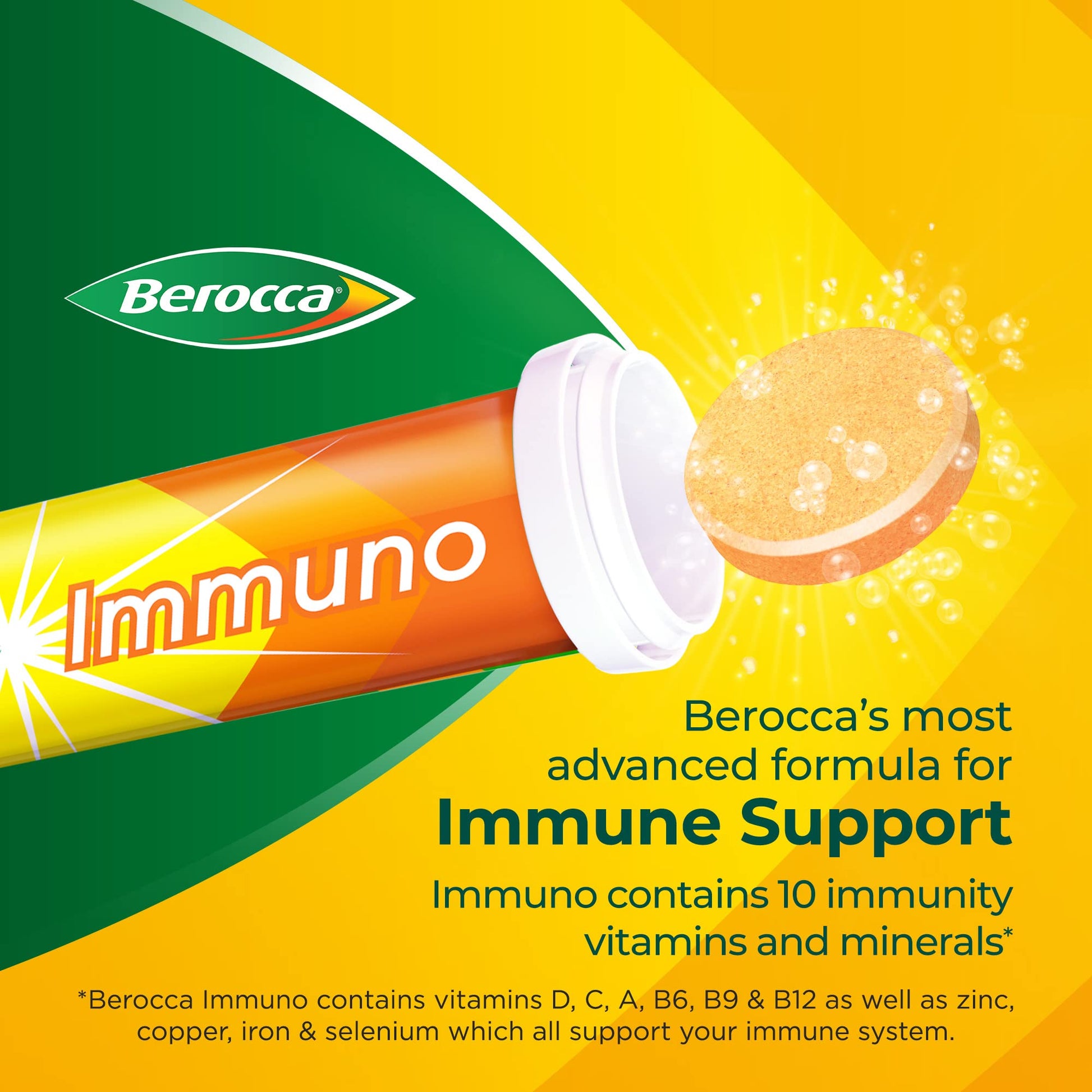 Berocca Immuno Effervescent Tablets, 11 Vitamins and Minerals, Including Vitamins D, C - Maple Wellness Supplements