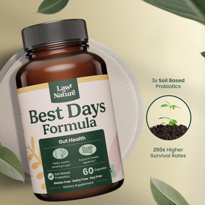 Best Days Formula | Advanced 5-in-1 Gut Support for Bloating, Gas & Irregularity | Soil-Based Probiotics + Prebiotics, L-Glutamine, Aloe Vera & More | 60 Capsules - Maple Wellness Supplements