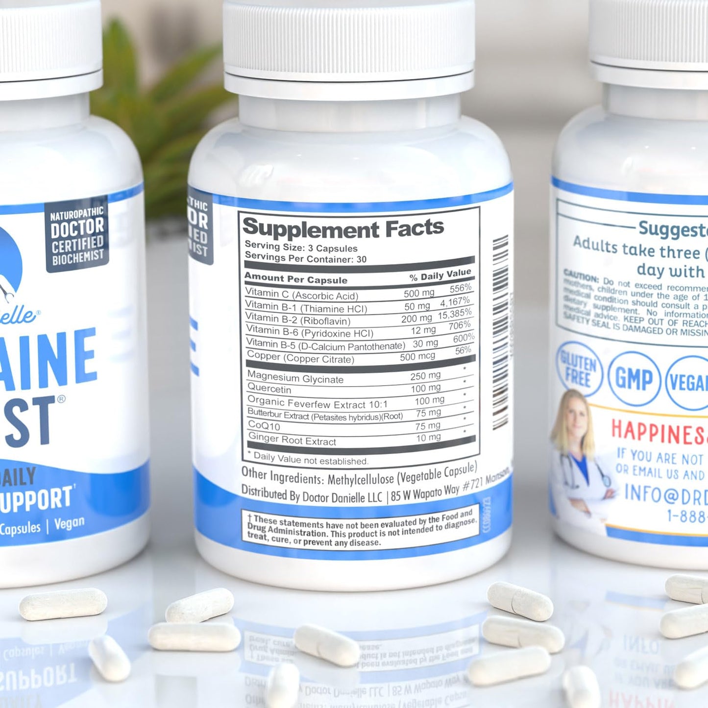 Best Migraine Relief Product with Magnesium - Migraine Assist Supplement with Quercetin, Feverfew, Butterbur, CoQ10 from Dr. Danielle, 90 Capsules - Maple Wellness Supplements