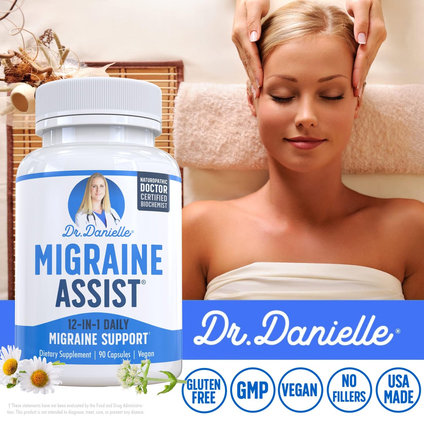 Best Migraine Relief Product with Magnesium - Migraine Assist Supplement with Quercetin, Feverfew, Butterbur, CoQ10 from Dr. Danielle, 90 Capsules - Maple Wellness Supplements