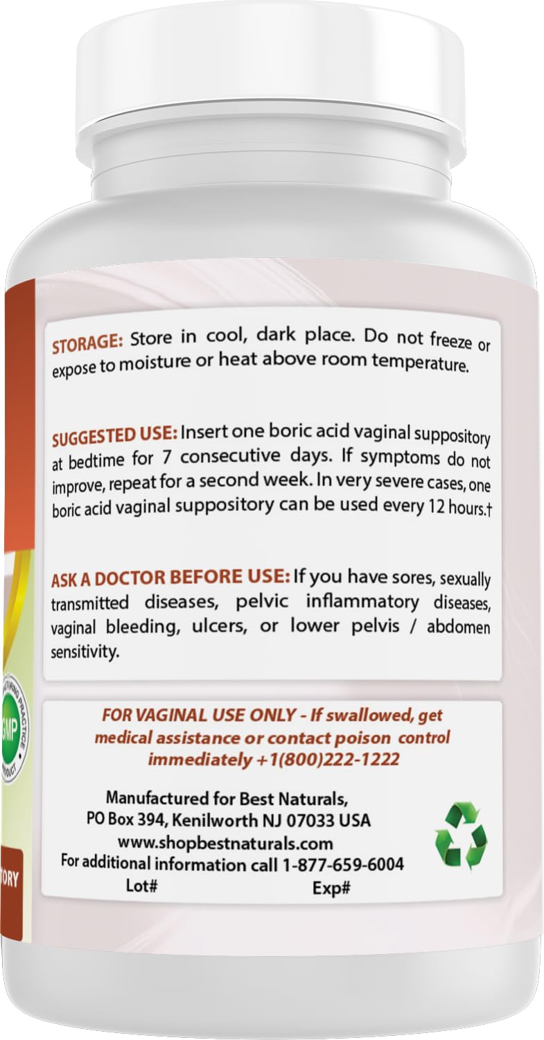 Best Naturals Boric Acid Vaginal Suppositories - Made in USA - USP Medical Grade Fine Powder, Easy Dissolve, Third Party Tested - 60 Count - Maple Wellness Supplements