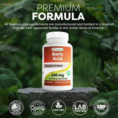 Best Naturals Boric Acid Vaginal Suppositories - Made in USA - USP Medical Grade Fine Powder, Easy Dissolve, Third Party Tested - 60 Count - Maple Wellness Supplements