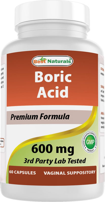 Best Naturals Boric Acid Vaginal Suppositories - Made in USA - USP Medical Grade Fine Powder, Easy Dissolve, Third Party Tested - 60 Count - Maple Wellness Supplements