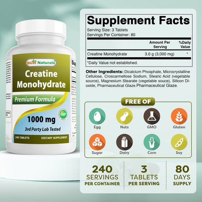 Best Naturals Creatine Monohydrate 1000 mg 240 Tablets - Maple Wellness Supplements