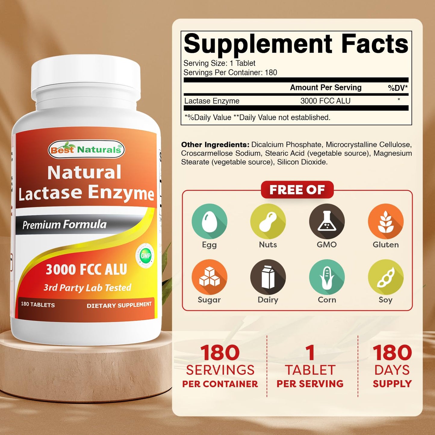 Best Naturals Fast Acting Lactase Enzyme Tablet, 3000 Fcc Alu, 180 Count - Maple Wellness Supplements