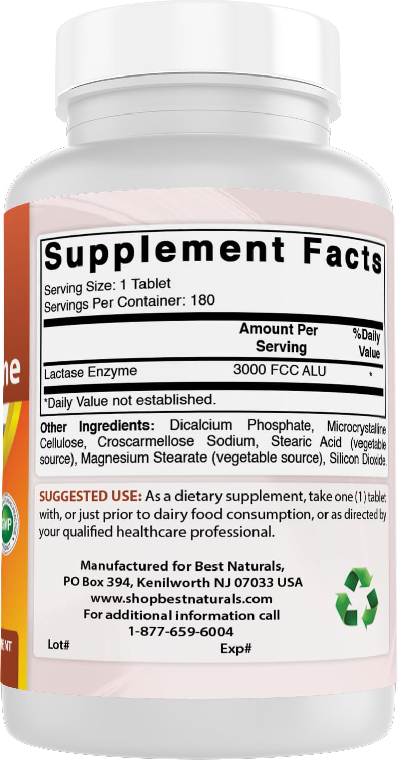 Best Naturals Fast Acting Lactase Enzyme Tablet, 3000 Fcc Alu, 180 Count - Maple Wellness Supplements