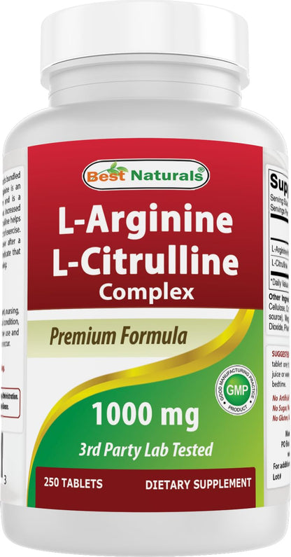 Best Naturals L-Arginine L-Citruline Complex Tablets, 250 Count - Maple Wellness Supplements
