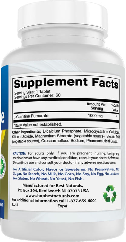 Best Naturals L-Carnitine 1000mg 60 Tablets (60 Count (Pack of 1)) - Maple Wellness Supplements