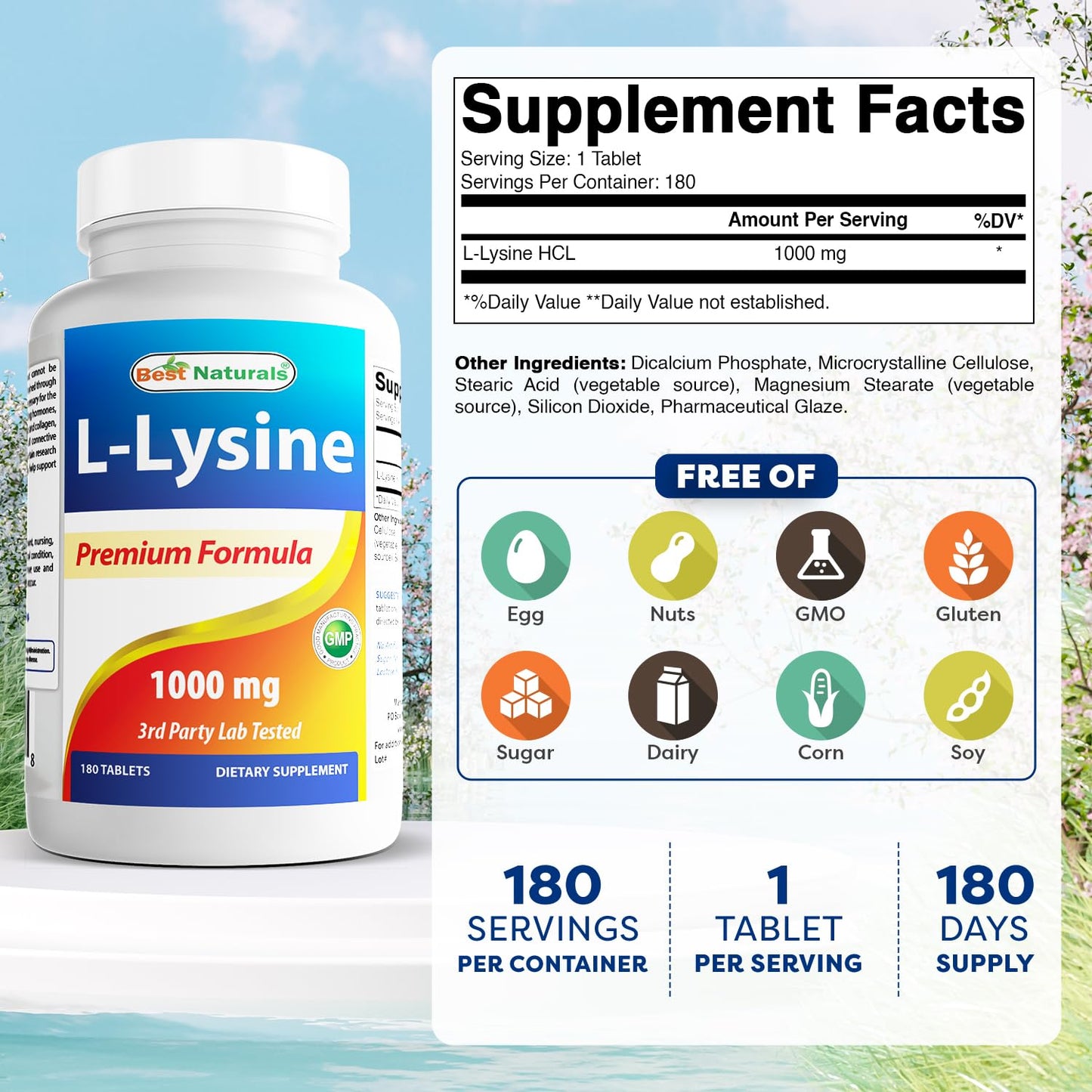 Best Naturals L-Lysine 1000mg 180 Tablets - Double Strength Lysine for stronger immune health & cold sores - Maple Wellness Supplements