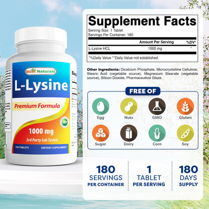Best Naturals L-Lysine 1000mg 180 Tablets - Double Strength Lysine for stronger immune health & cold sores - Maple Wellness Supplements