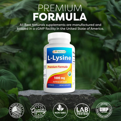 Best Naturals L-Lysine 1000mg 180 Tablets - Double Strength Lysine for stronger immune health & cold sores - Maple Wellness Supplements