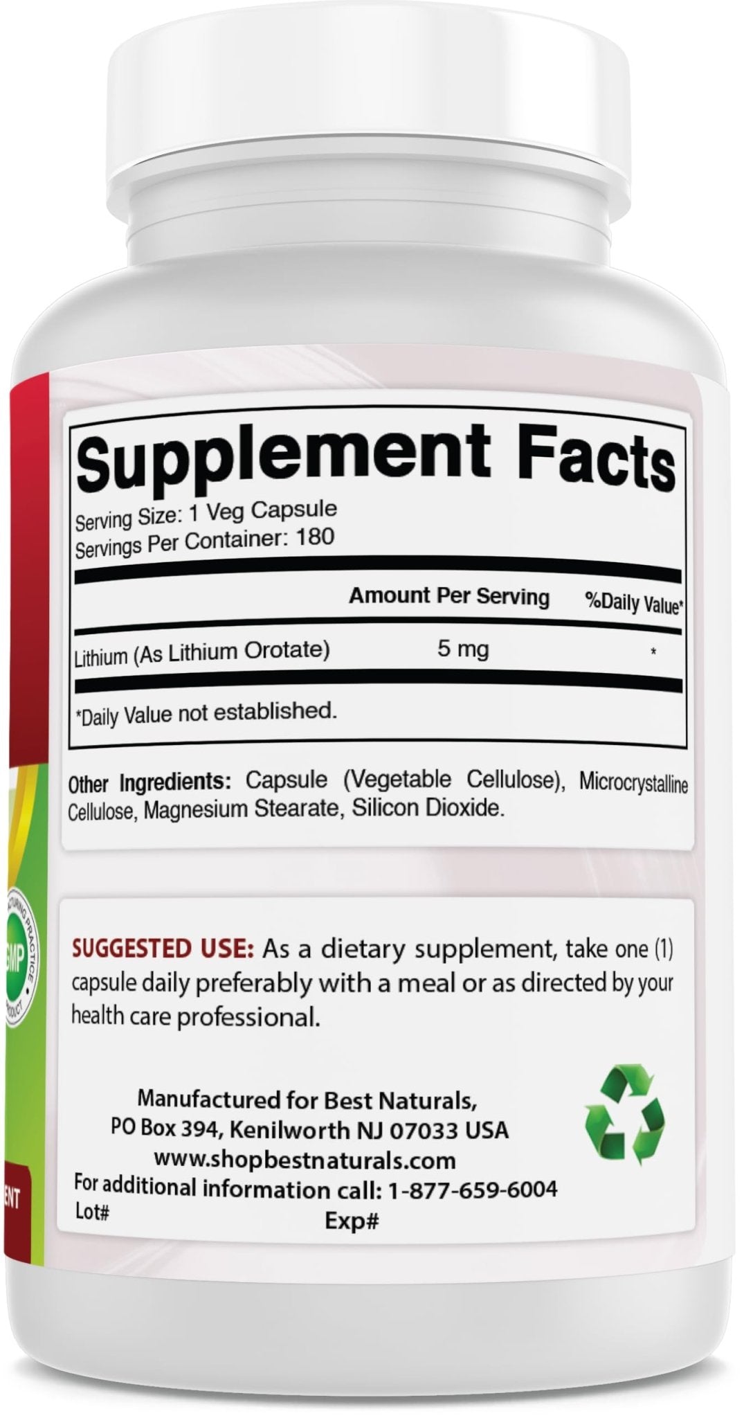 Best Naturals Lithium Orotate 5 mg 180 Capsules - Non GMO - Gluten Free - Maple Wellness Supplements