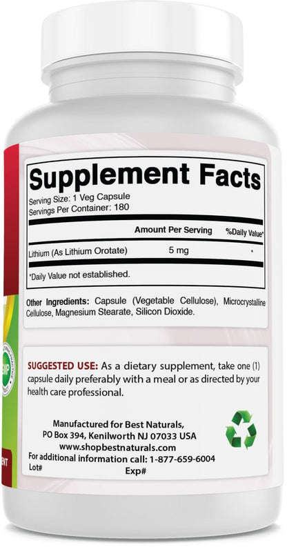 Best Naturals Lithium Orotate 5 mg 180 Capsules - Non GMO - Gluten Free - Maple Wellness Supplements