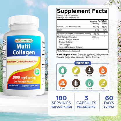 Best Naturals Multi Collagen Pills 2000mg for Women & Men - Hydrolyzed Collagen Peptides Capsules for Hair Skin and Nails with Types I - Maple Wellness Supplements
