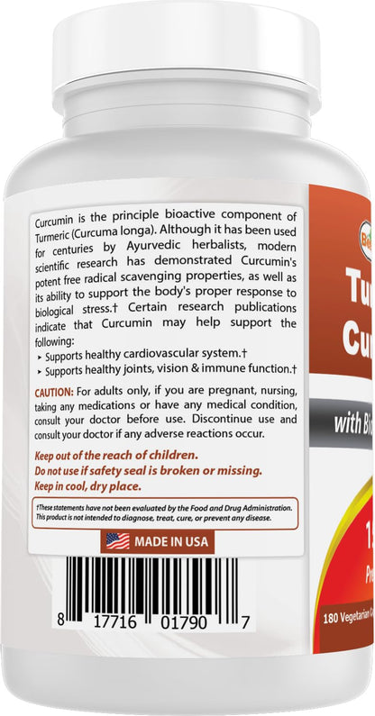 Best Naturals Turmeric Curcumin 1500mg/Serving with Bioperine - 180 Veggie Capsules - Maple Wellness Supplements
