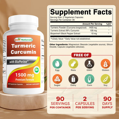 Best Naturals Turmeric Curcumin 1500mg/Serving with Bioperine - 180 Veggie Capsules - Maple Wellness Supplements