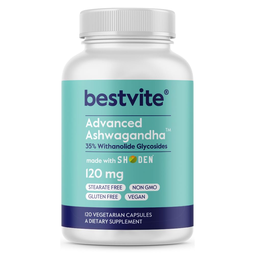 BESTVITE Advanced Ashwagandha 120mg w/Shoden (120 Vegetarian Capsules) - Clinically Studied Containing Industry Leading 35% Withanolide Glycosides - No Stearates - Vegan - Non GMO - Gluten Free - Maple Wellness Supplements