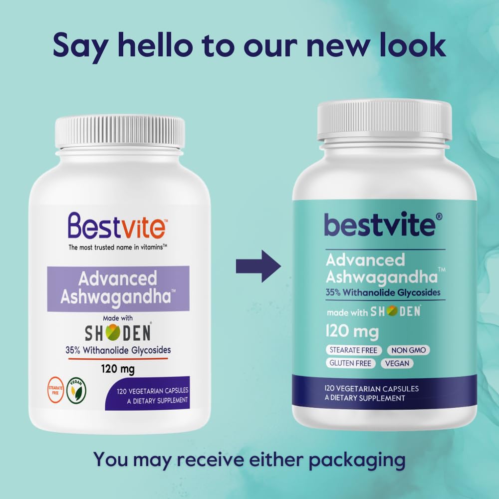 BESTVITE Advanced Ashwagandha 120mg w/Shoden (120 Vegetarian Capsules) - Clinically Studied Containing Industry Leading 35% Withanolide Glycosides - No Stearates - Vegan - Non GMO - Gluten Free - Maple Wellness Supplements